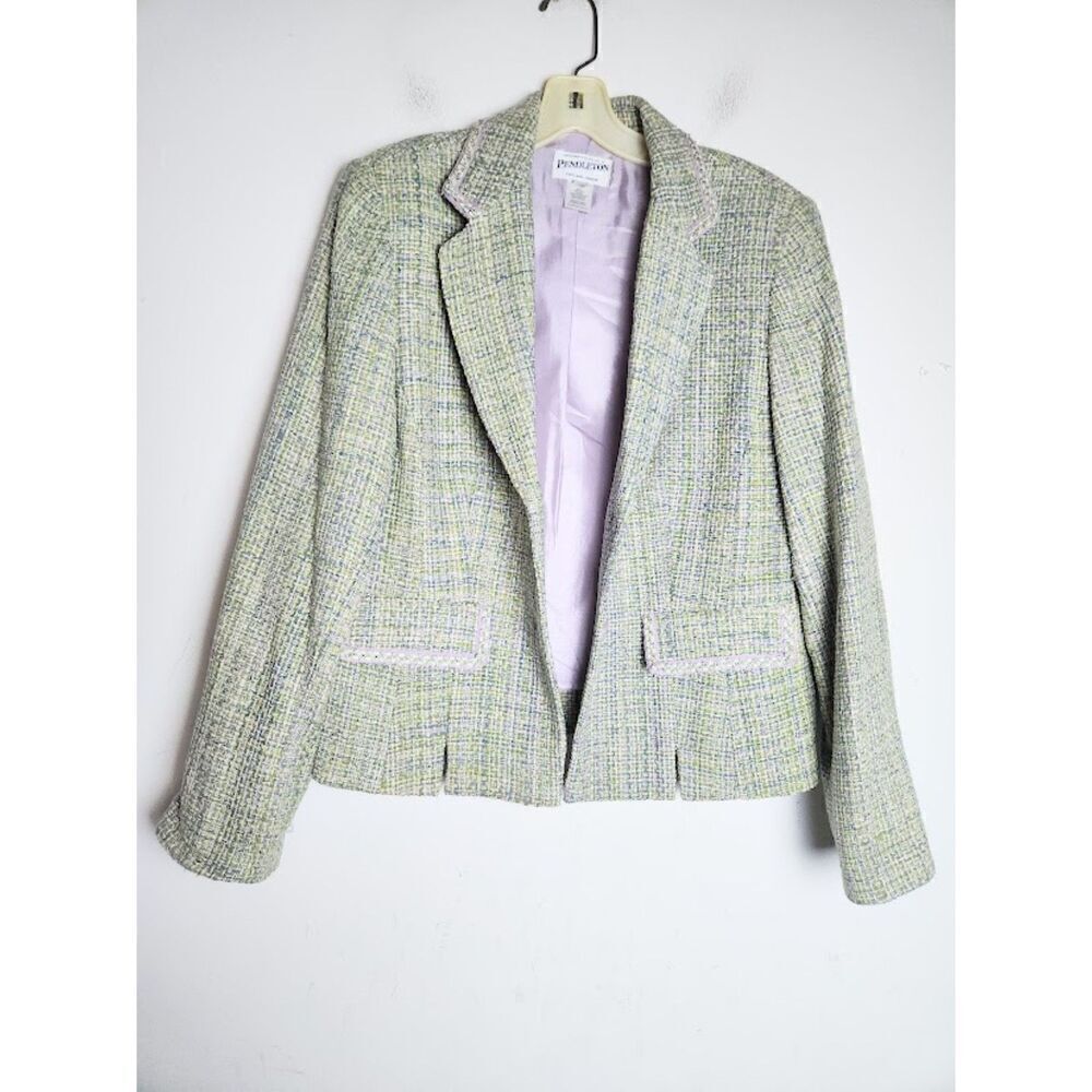 Pendleton Women Green Purple Tweed 100% Silk 2 Button Blazer Jacket size 10
